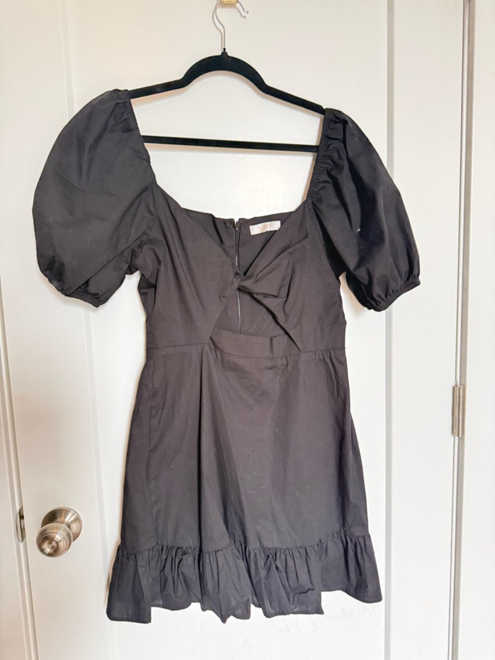 Wayf Black Puff-Sleeve Mini Dress with Twist Front